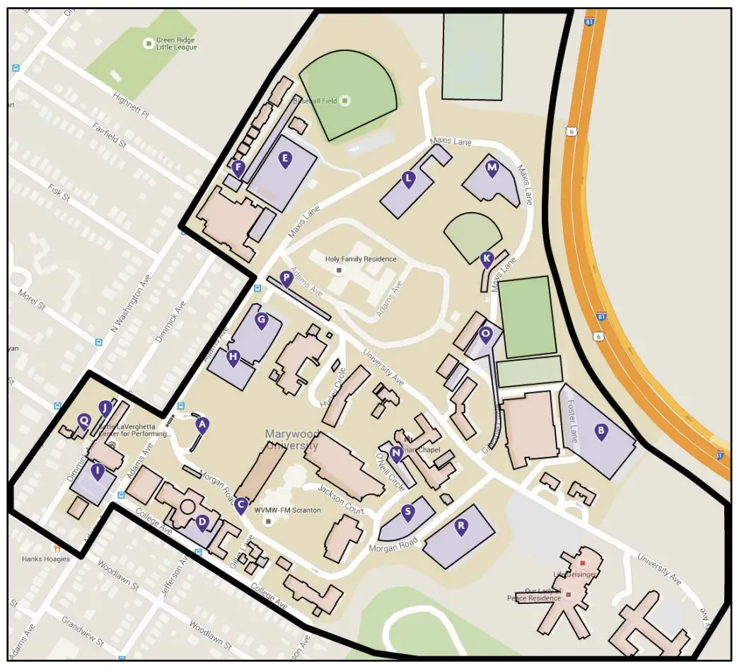 A map displaying in orange what route and parking lots in blue to plow first in the snow